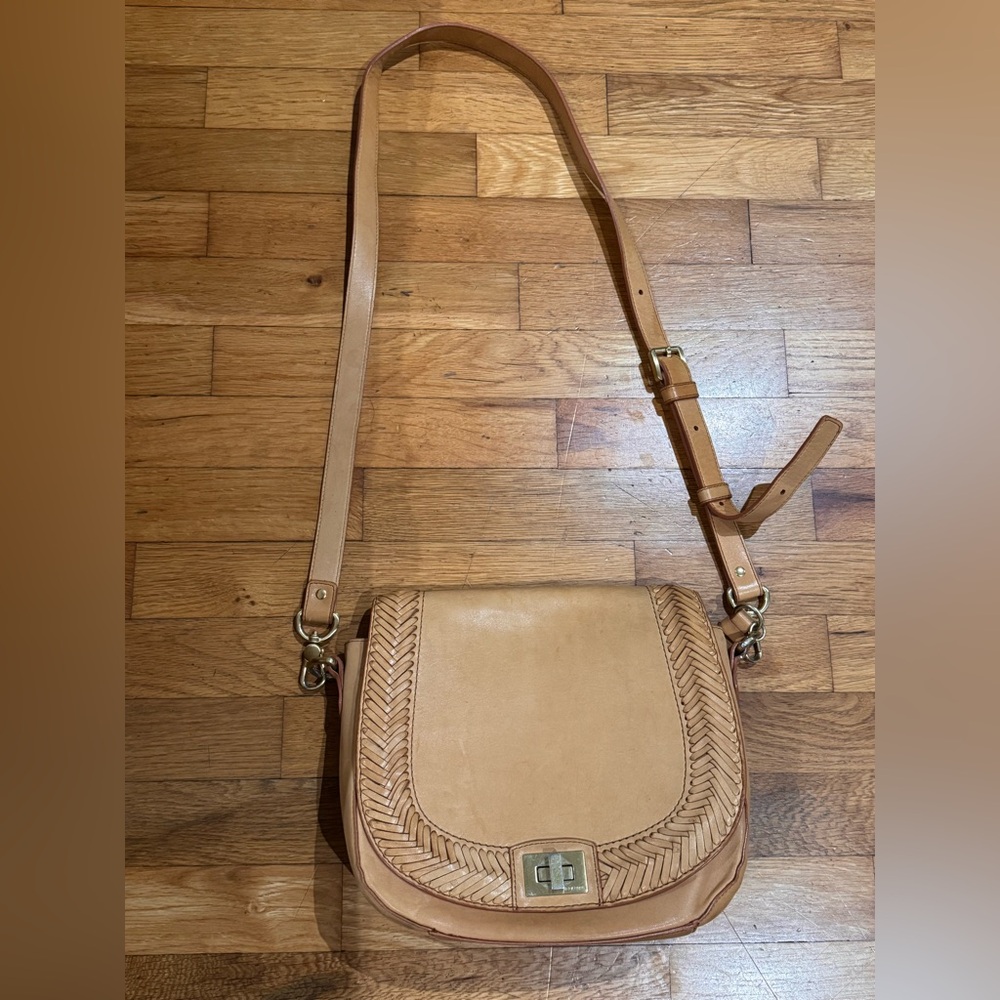 Brahmin Tan leather Crossbody Bag with Woven Trim gold accents